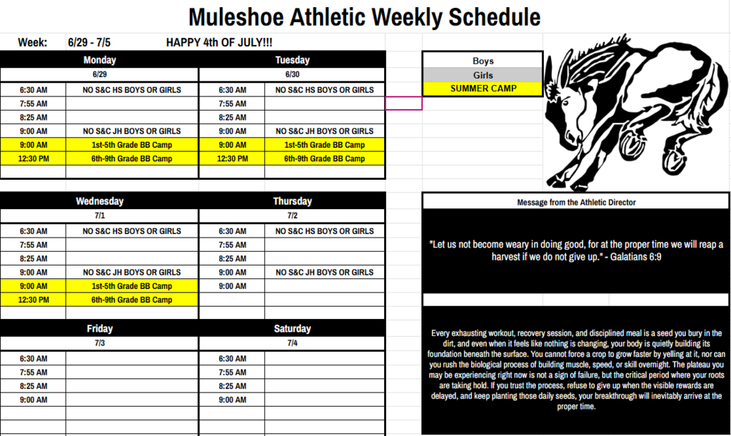 26.06.22 - Muleshoe Athletic Weekly Schedule 26.06.29