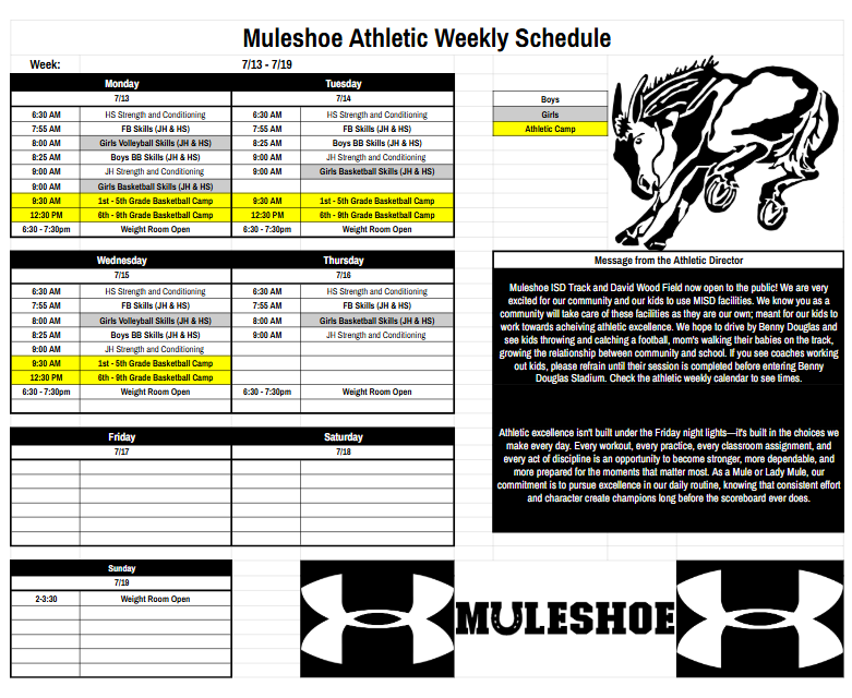 26.07.09- Athletic Weekly Schedule 07/13-07/19