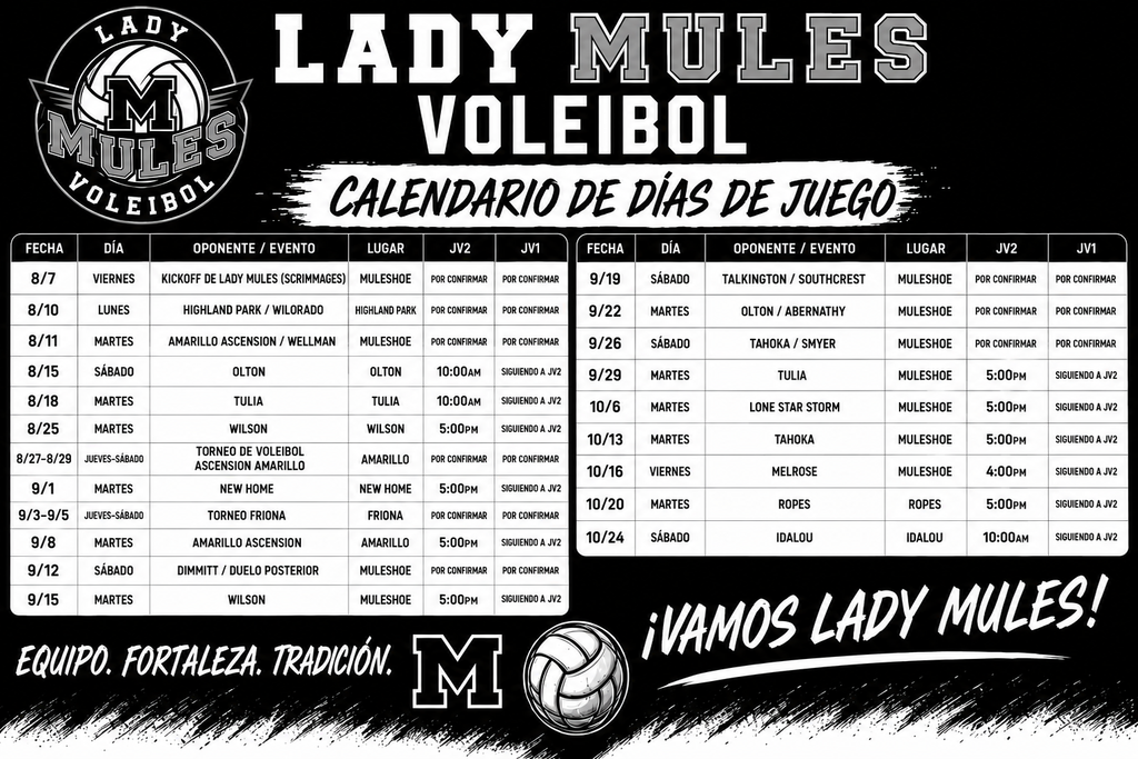 26.07.21- Lady Mules Volleyball Schedule 26-27 (Spanish Graphic)
