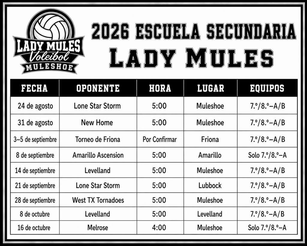 26.07.21 - Lady Mules JH Volleyball Schedule 26-27 (spanish graphic)