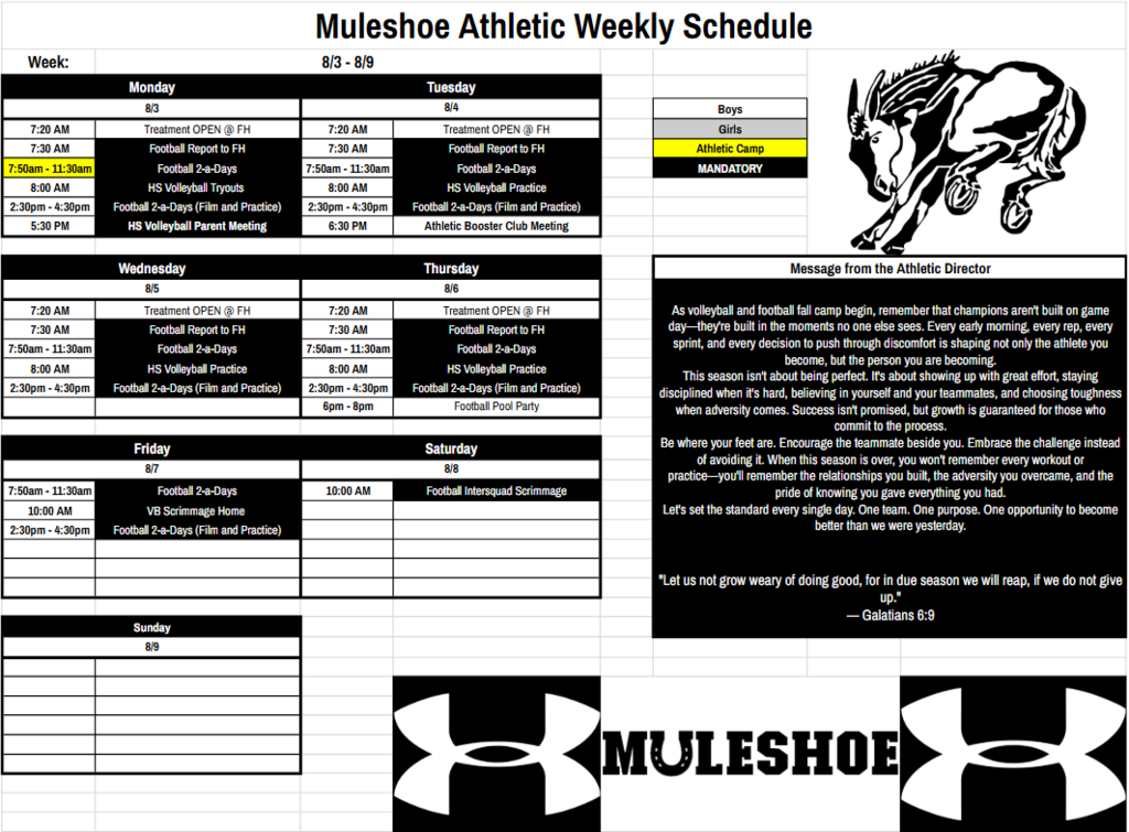 26.07.31 - Athletic Weekly Schedule 8/3-8/9