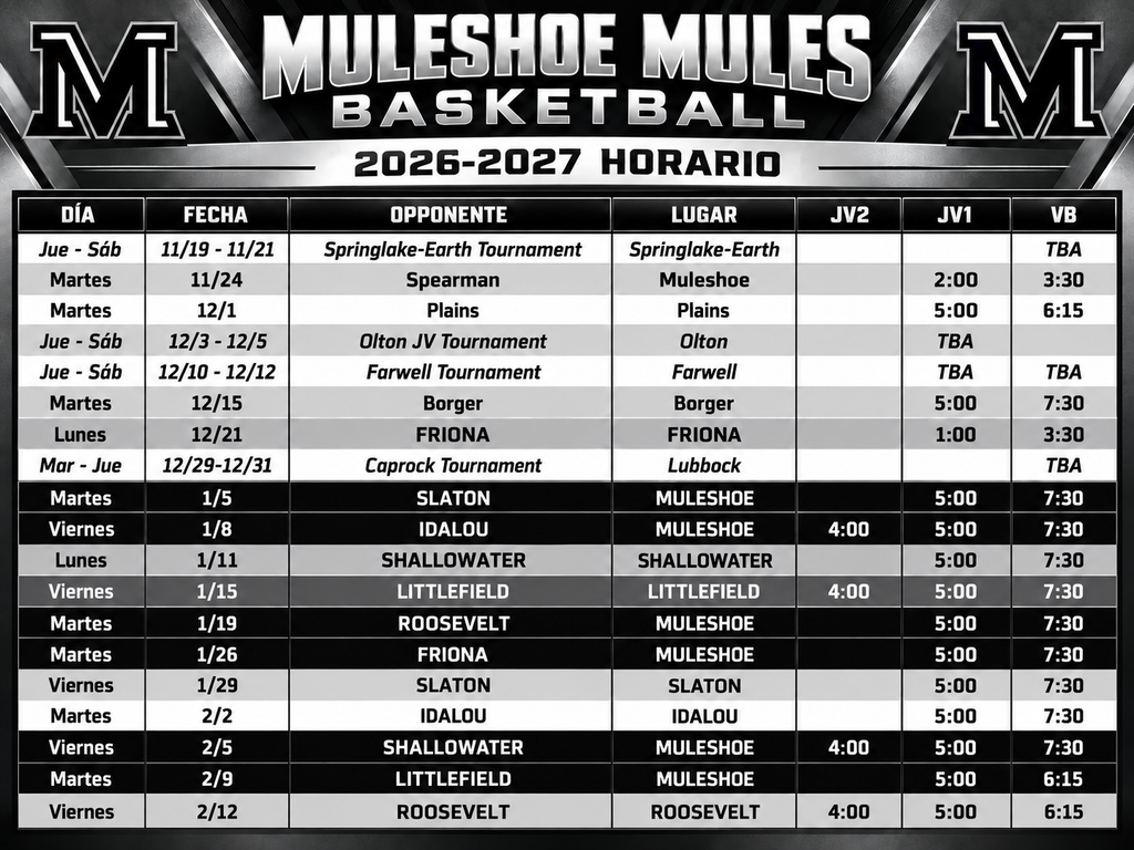 26.10.20 - Muleshoe Mules Basketball Schedule (Spanish)