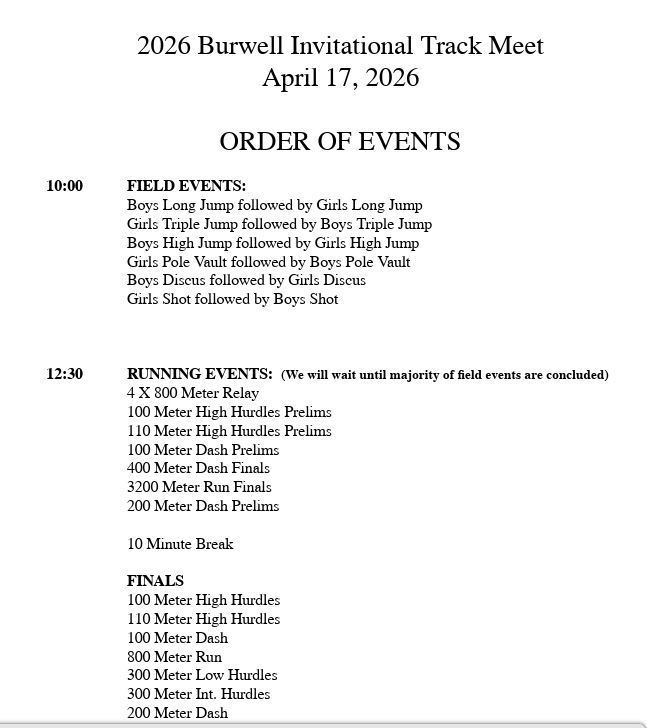 Order of Events for Burwell Track Meet