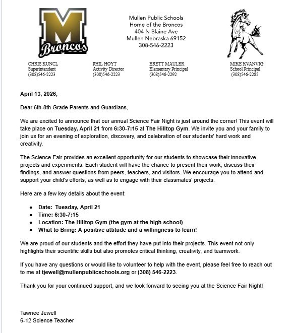 Letter to Parents explaining specifics about Science Fair.