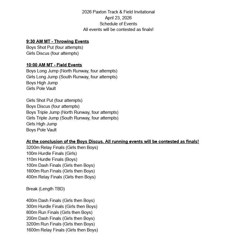 Paxton Track Schedule of Events