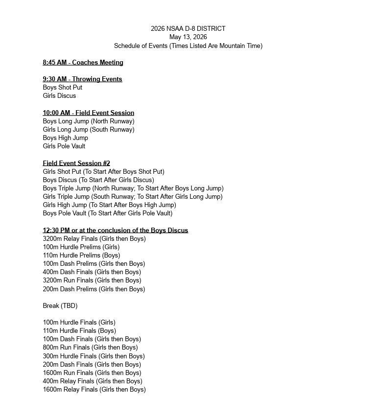District Track Schedule of Events
