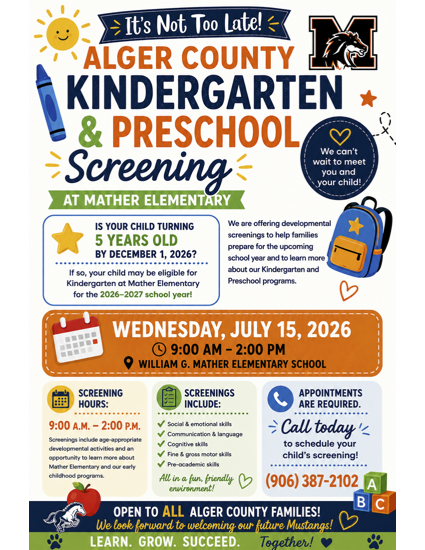 July 15th Kindergarten/ Preschool Screening at Mather Elementary
