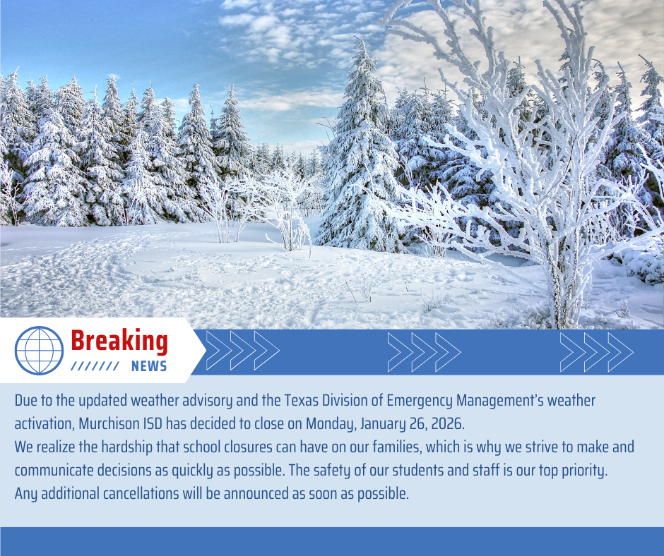 Snow covered trees with breaking news announcement