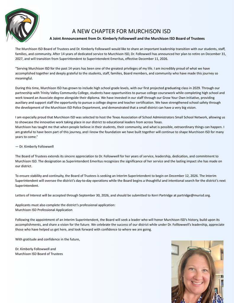 Joint Announcement from Superintendent and Board of Trustees