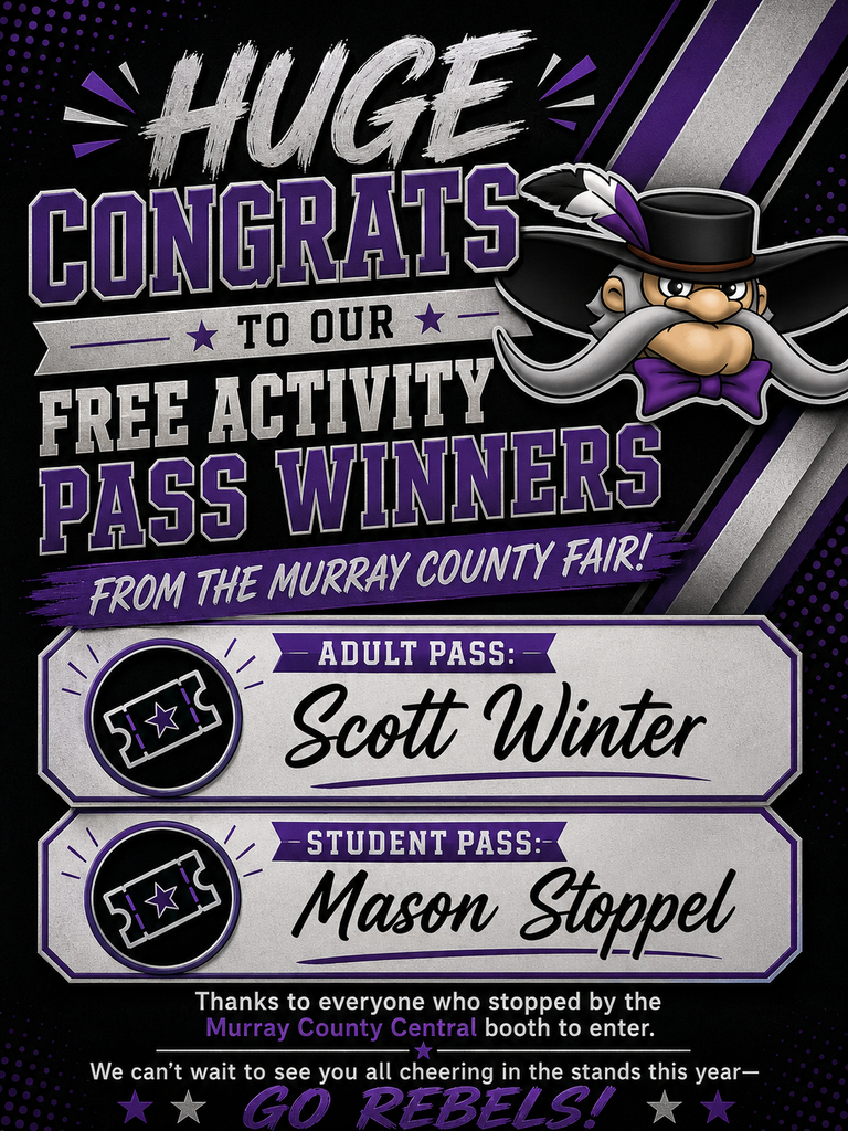 Our free activity pass winners were Scott Winter and Mason Stoppel. This was a drawing we did at the MCC fair booth. Thanks to all who stopped by the booth! Go Rebels!