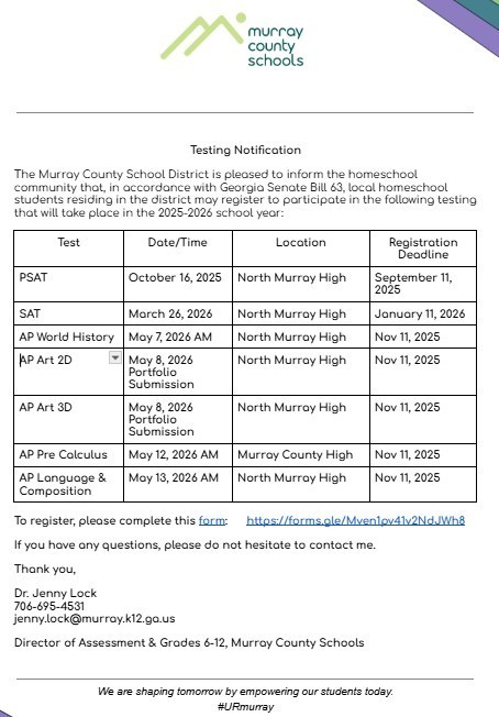 Testing Notification for Homeschool Students