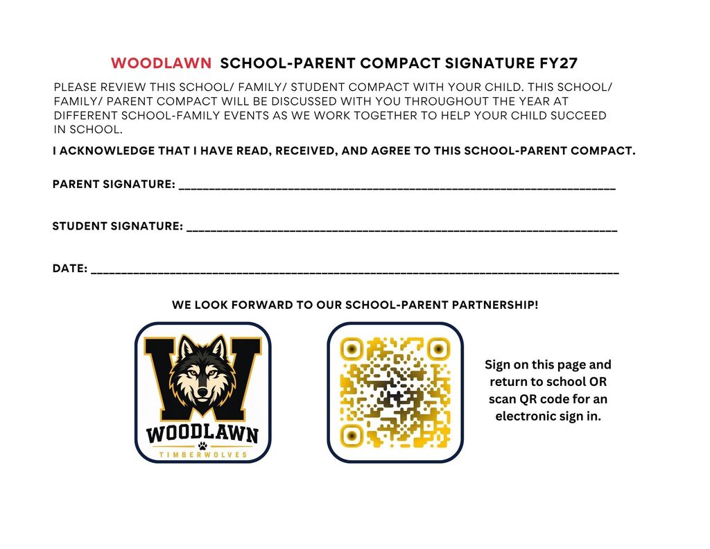 A white background displays a form for "Woodlawn School-Parent Compact FY27." Sections include "Parent Signature," "Student Signature," and "Date." Logos and a QR code are present.