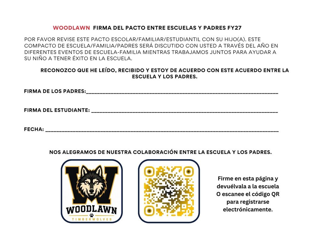 Form in Spanish with fields for signatures from parents and students. A QR code is at the bottom.
