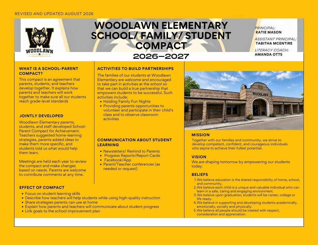 A school/family/student compact for Woodlawn Elementary for 2026-2027. The page has a yellow background and black text.