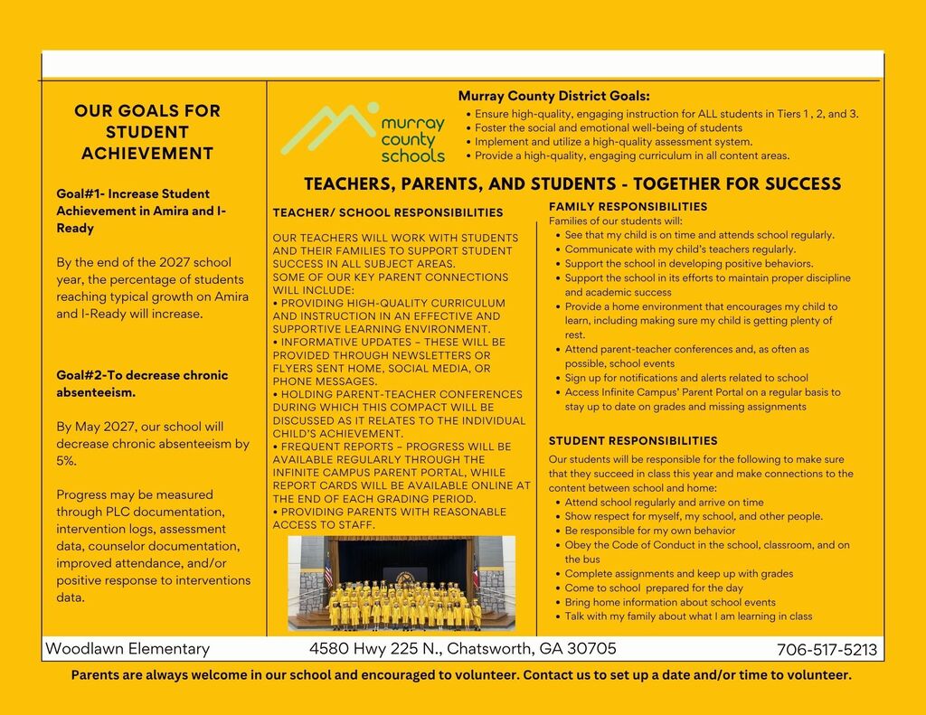 A yellow page has text and images. The header says "Our Goals for Student Achievement". An image of a group of people is in the middle.