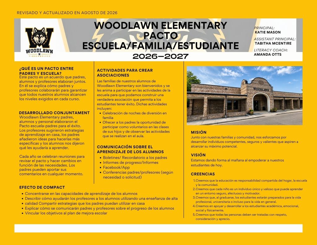 Document with yellow background. Header reads "WOODLAWN ELEMENTARY PACTO ESCUELA/FAMILIA/ESTUDIANTE 2026-2027". Image of a building with several windows.