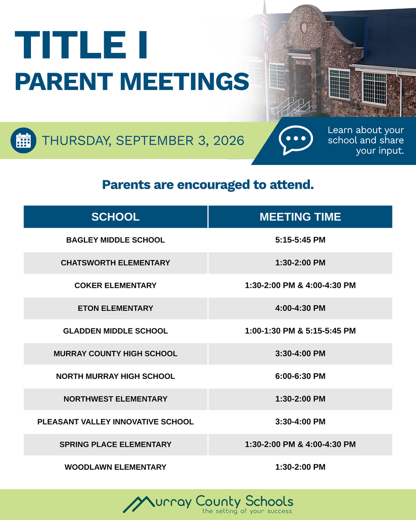 Flyer for Title I parent meetings on September 3, 2026, listing various schools and their meeting times.