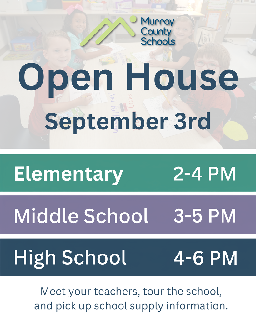 A flyer with a school logo. Text reads: "Open House September 3rd. Elementary: 2-4 PM. Middle School: 3-5 PM. High School: 4-6 PM."