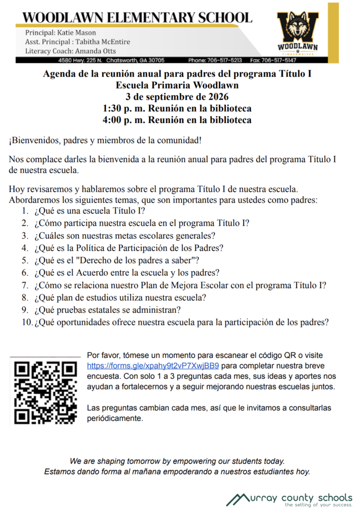 Agenda for Woodlawn Elementary School's Title I parent meeting on September 1, 2024, at 4:30 p.m. in the library. Includes topics on Title I program, parent participation, and a discussion on the Major School Plan.