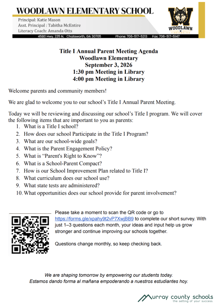 A document displays the agenda for a meeting at Woodlawn Elementary School. The text is in a clear, readable font. A QR code is provided.