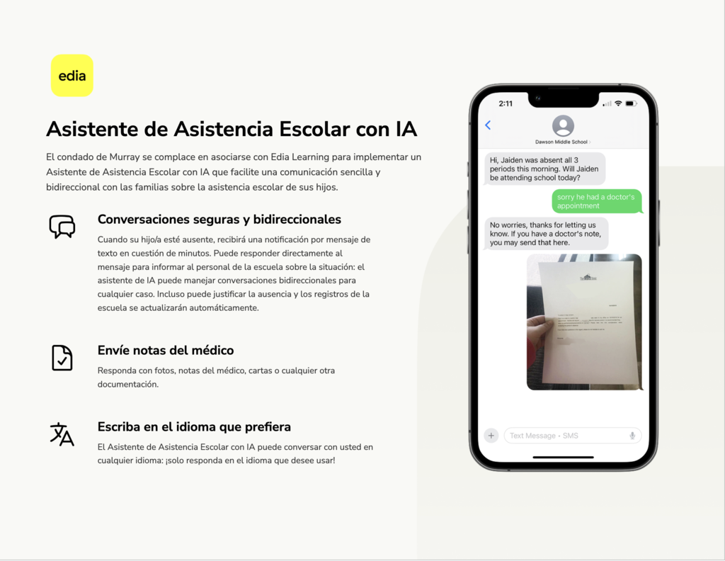 Text describes features of a school attendance app. The app screen displays a message, an icon, and a document.