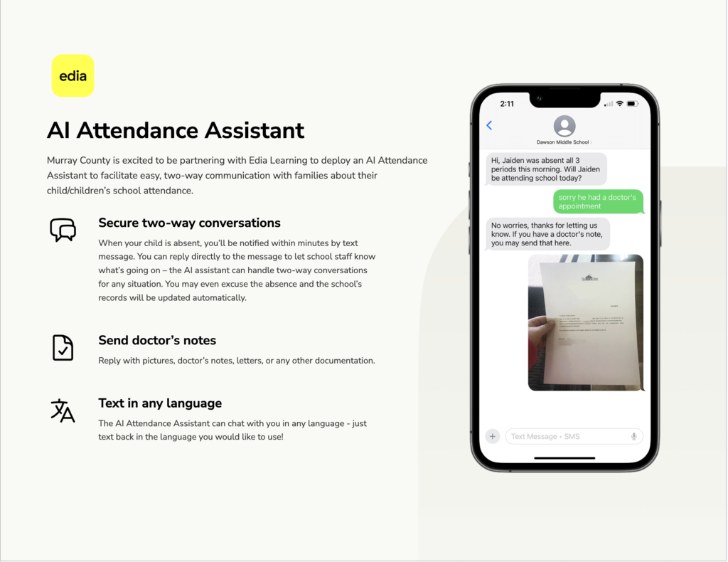 App screen shows text on a white background. Text reads "AI Attendance Assistant" and a smartphone displays a message.