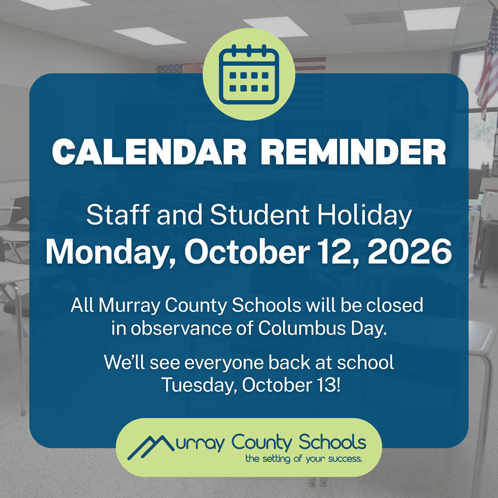 Poster with blue background and white text. It reads "Calendar Reminder: Staff and Student Holiday Monday, October 12, 2026".