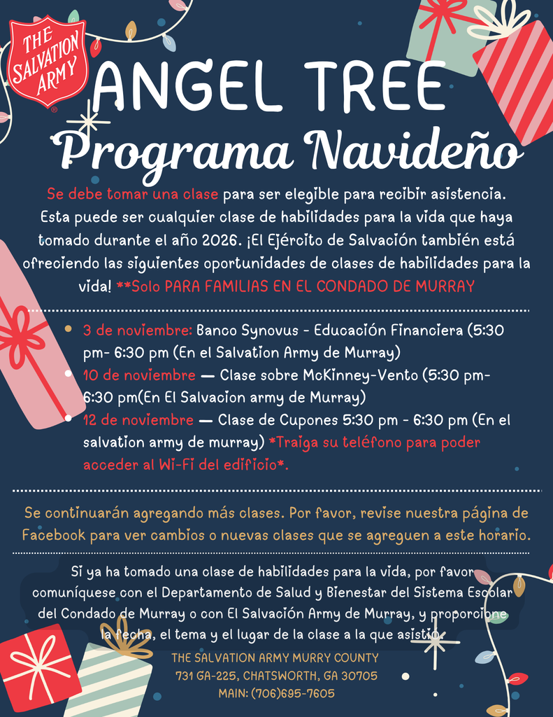 An advertisement for "Angel Tree Programa Navideño" by The Salvation Army. Text and icons in English and Spanish.