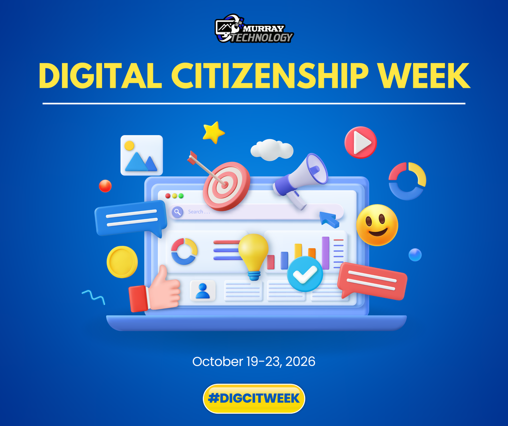 Digital Citizenship Week graphic with icons of a laptop, icons, thumbs up, and a megaphone.