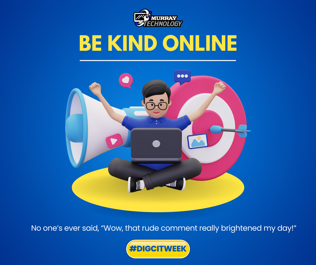 A cartoon person sitting on a yellow circle with arms raised, laptop in lap, surrounded by symbols.