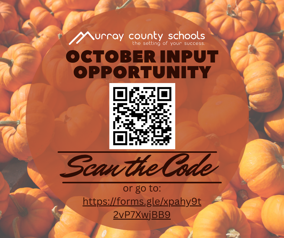 Banner with pumpkins in background. Text: "October Input Opportunity". QR code, "Scan the Code" and website link.