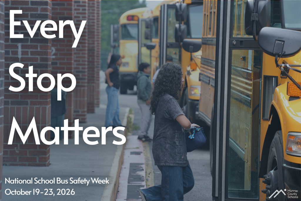 A girl boards a school bus, text reads "Every Stop Matters" and "National School Bus Safety Week, October 19-23, 2026".