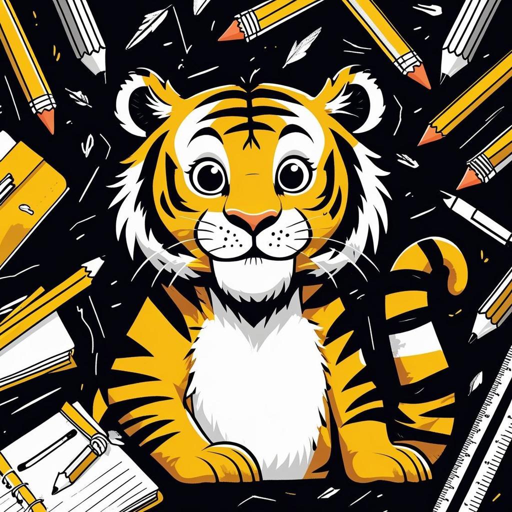tiger with school supplies