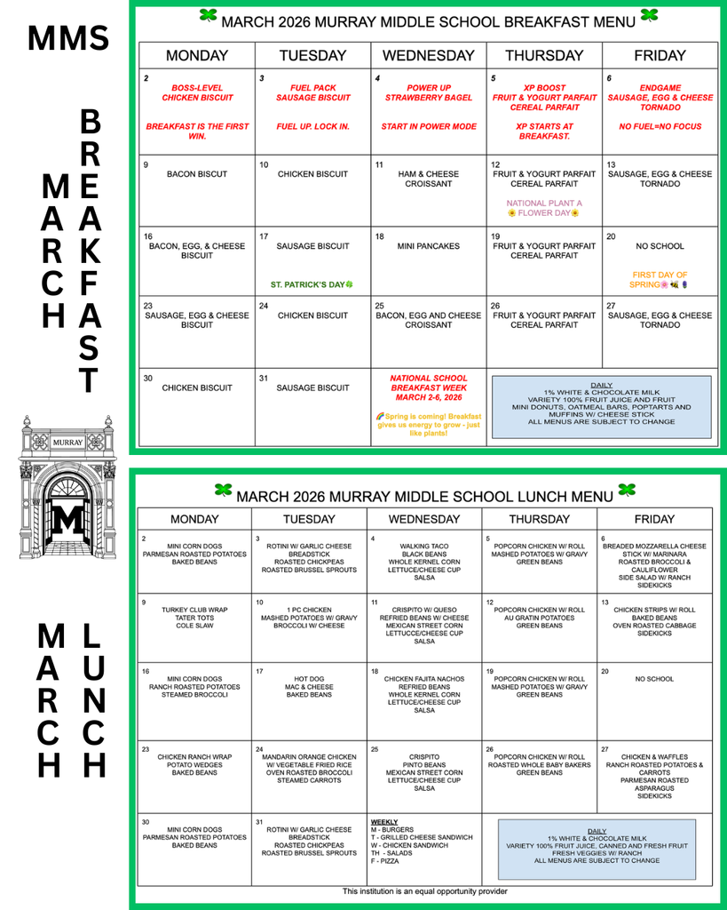Murray Middle Menus March
