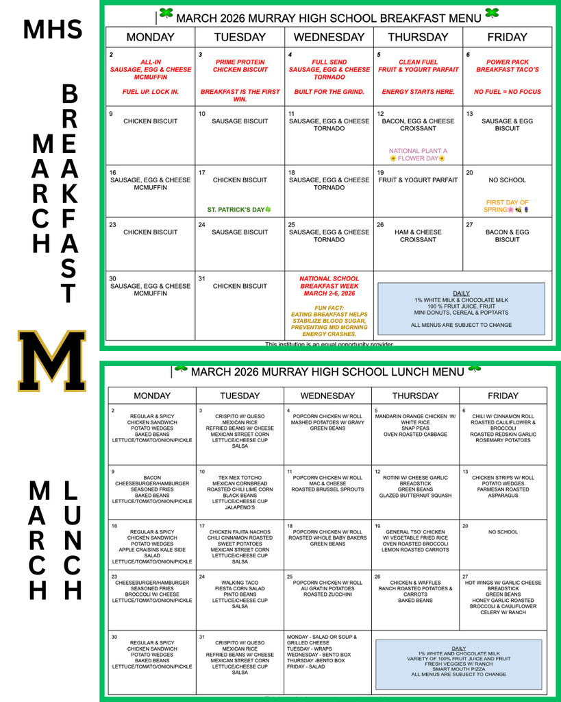 Murray High Menus March
