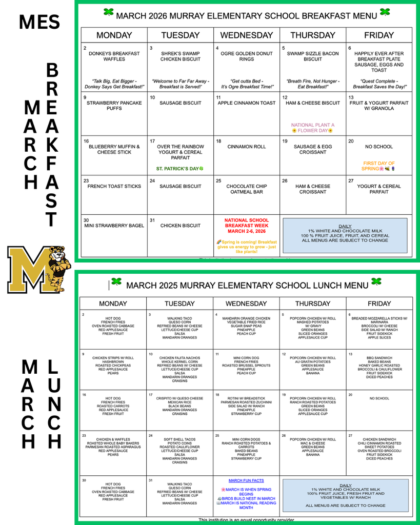 Murray Elementary Menus March