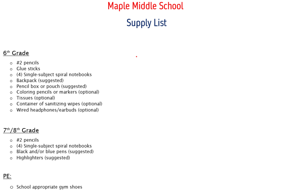 2025 Supply List Maple Middle School