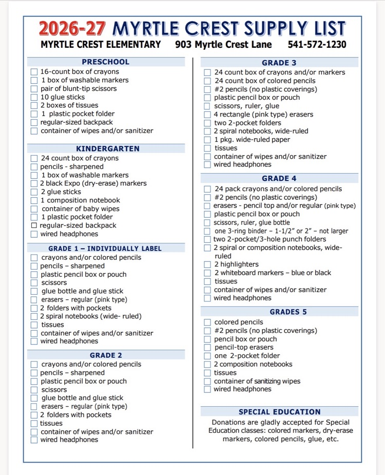 Myrtle crest supply list