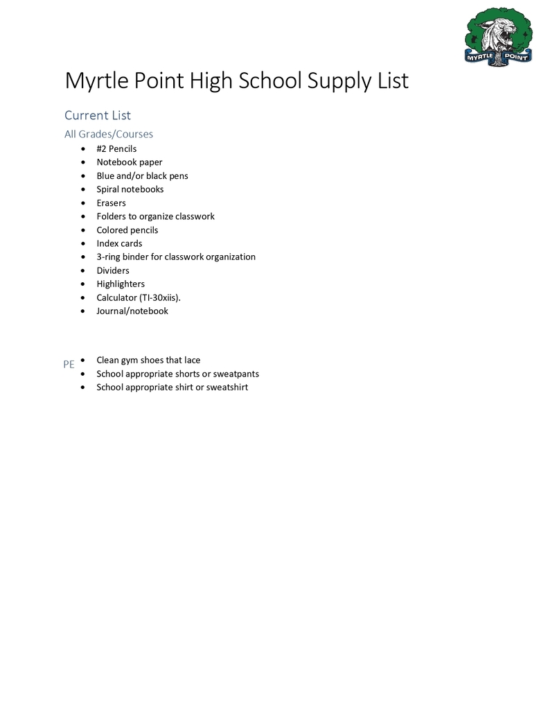 High School Supply List