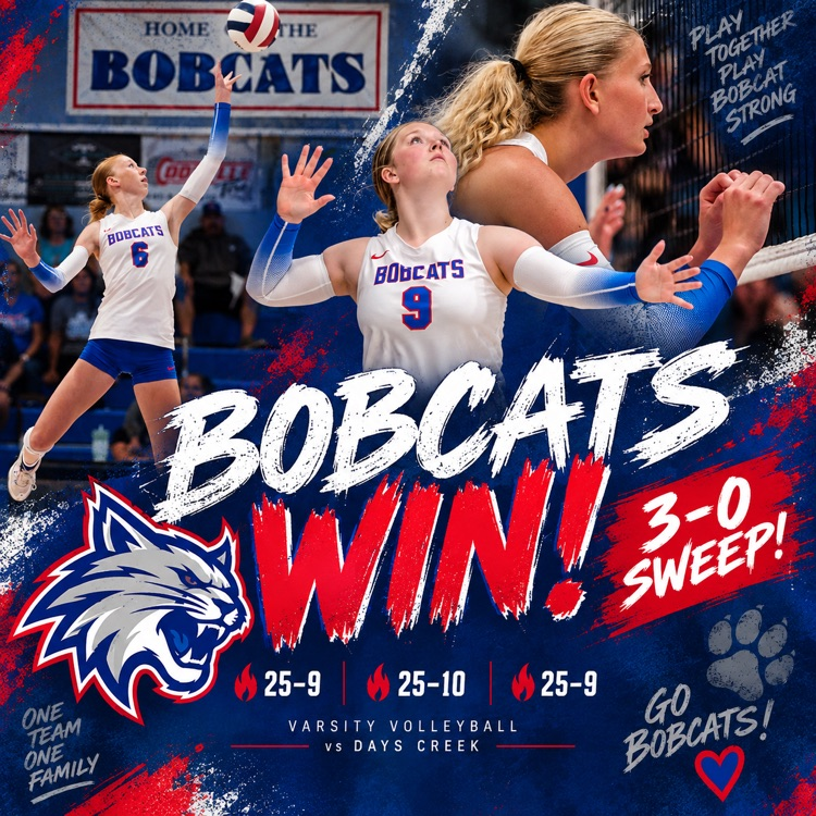 🏐 BOBCATS WIN! 🔴🔵 Varsity Volleyball takes the W over Days Creek in THREE! 🔥 25–9 🔥 25–10 🔥 25–9 3–0 SWEEP! 🐾 GO BOBCATS! ❤️💙