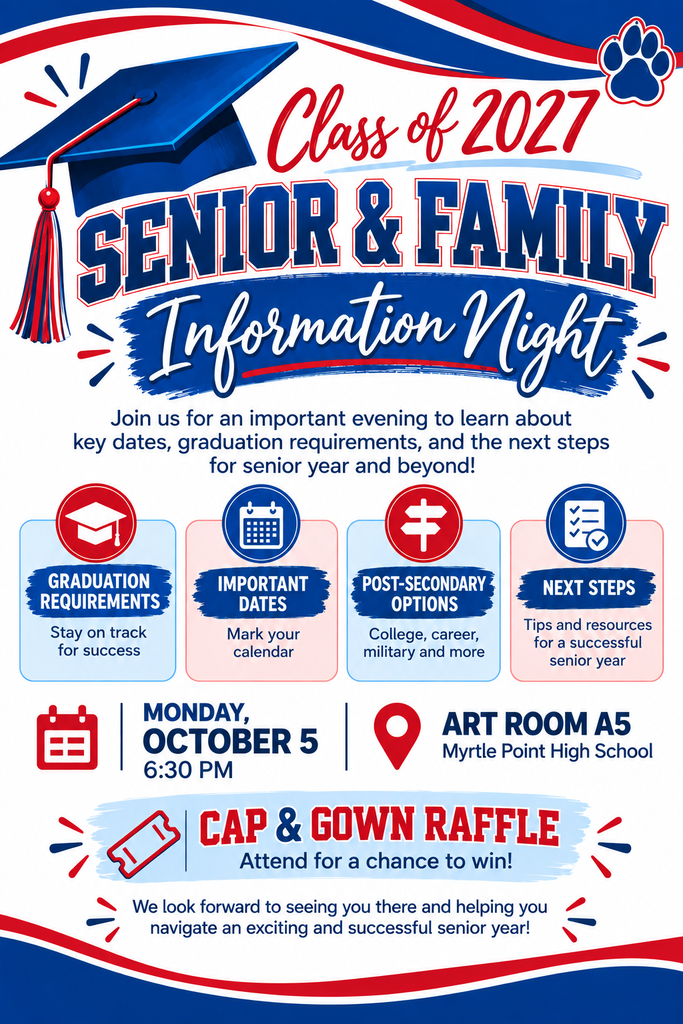 Seniors and families, join us Monday, October 5 at 6:30 PM in the MPHS Art Room (A5) for important senior year information, deadlines, graduation planning, scholarships, financial aid, and what's to come this year!