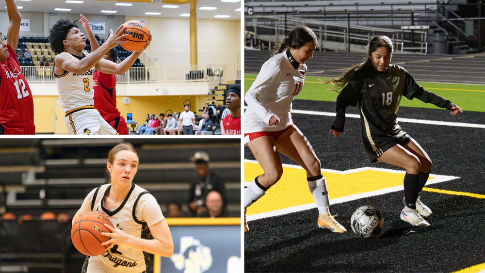 Basketball players and soccer players are shown