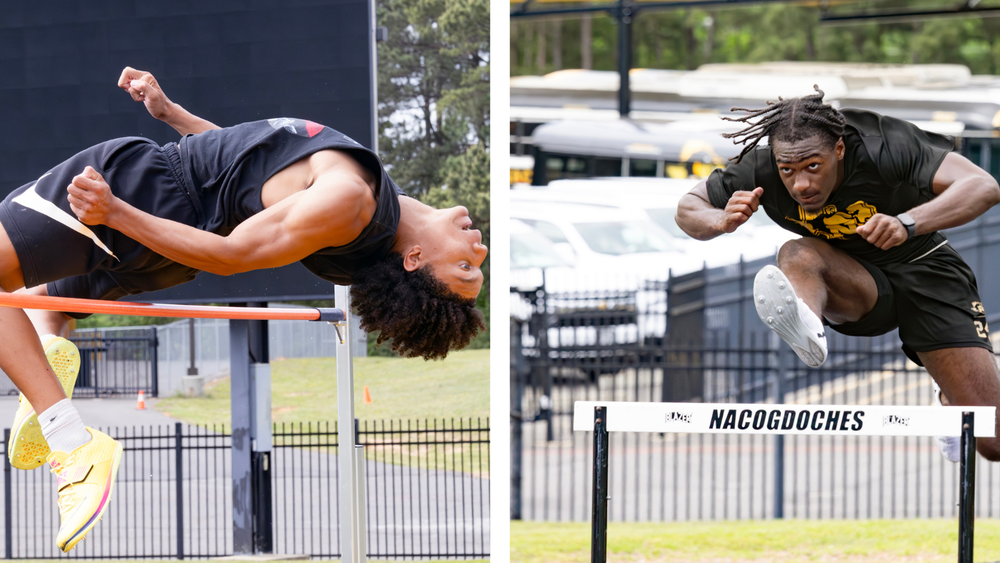 Micah Lockett high jumping and Braylon Horton going over a hurdle