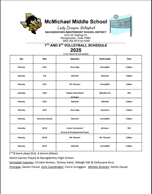 2025 McM Lady Dragons Volleyball Schedule