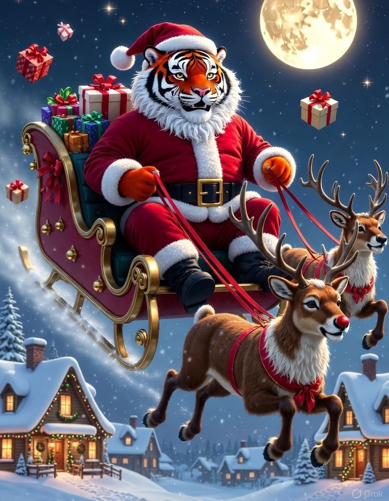 An AI generated image of a tiger in santa's sleigh on a snowy night with presents  falling out