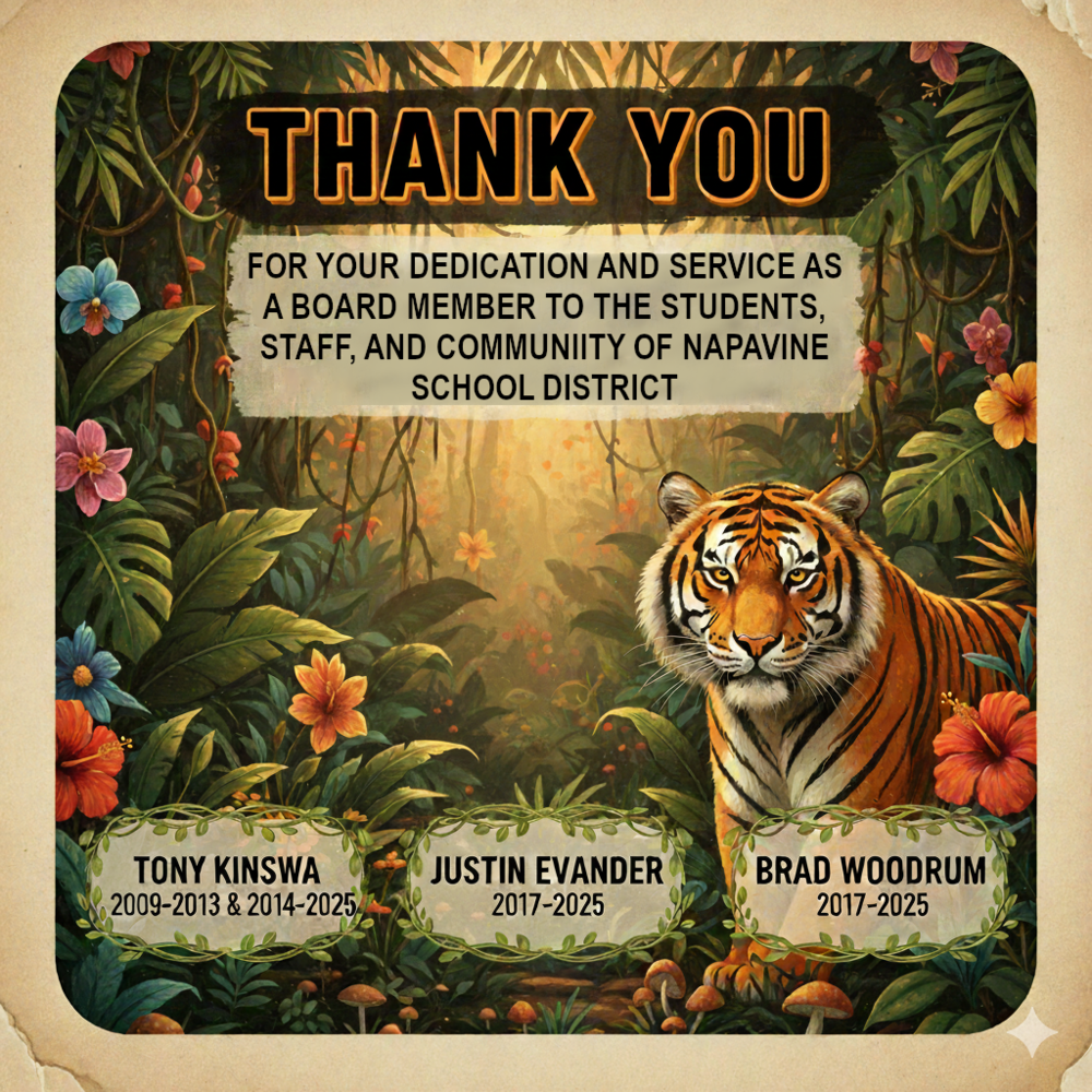 A flier thanking outgoing board members tony, justin and brad for their years of service