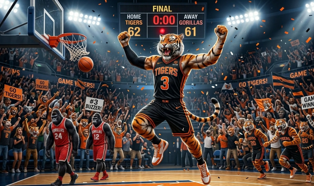 An AI generated image depicting a tiger celebrating  a 62-61 win over the gorillas in front of a packed arena