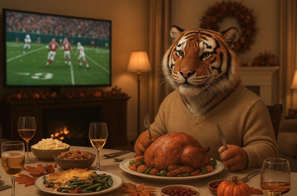 An AI generated tiger eating a Thanksgiving dinner while watching football