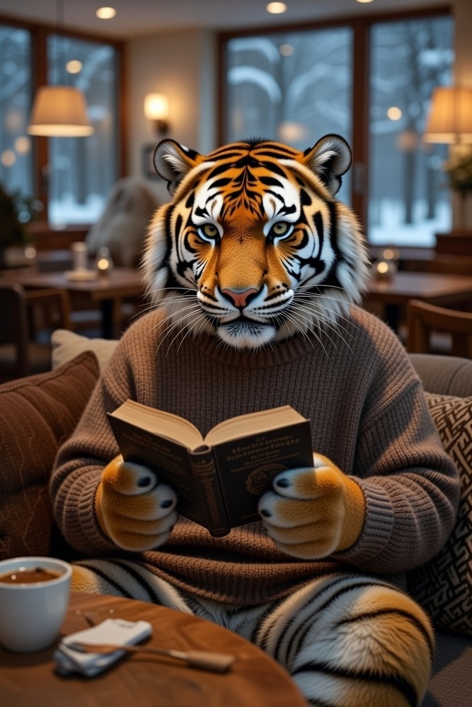 an AI image of an anthropomorphic tiger reading a novel 