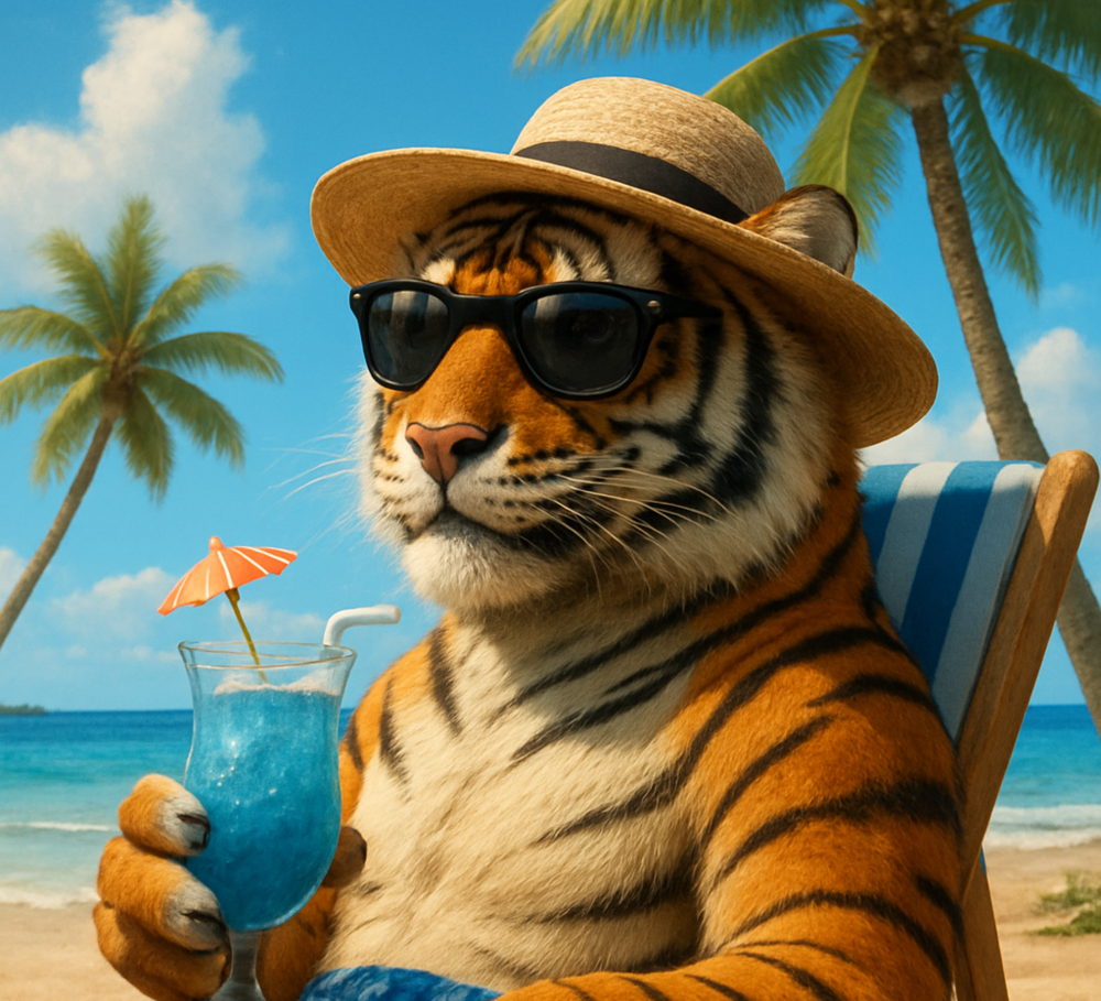 An anthropomorphic tiger lounging in a chair on a tropical beach enjoying a blue drink with an umbrella